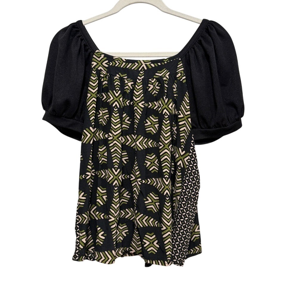 Maeve Anthropologie Catania Puff Sleeve Top XS Geometric Black Green Shimmer‎